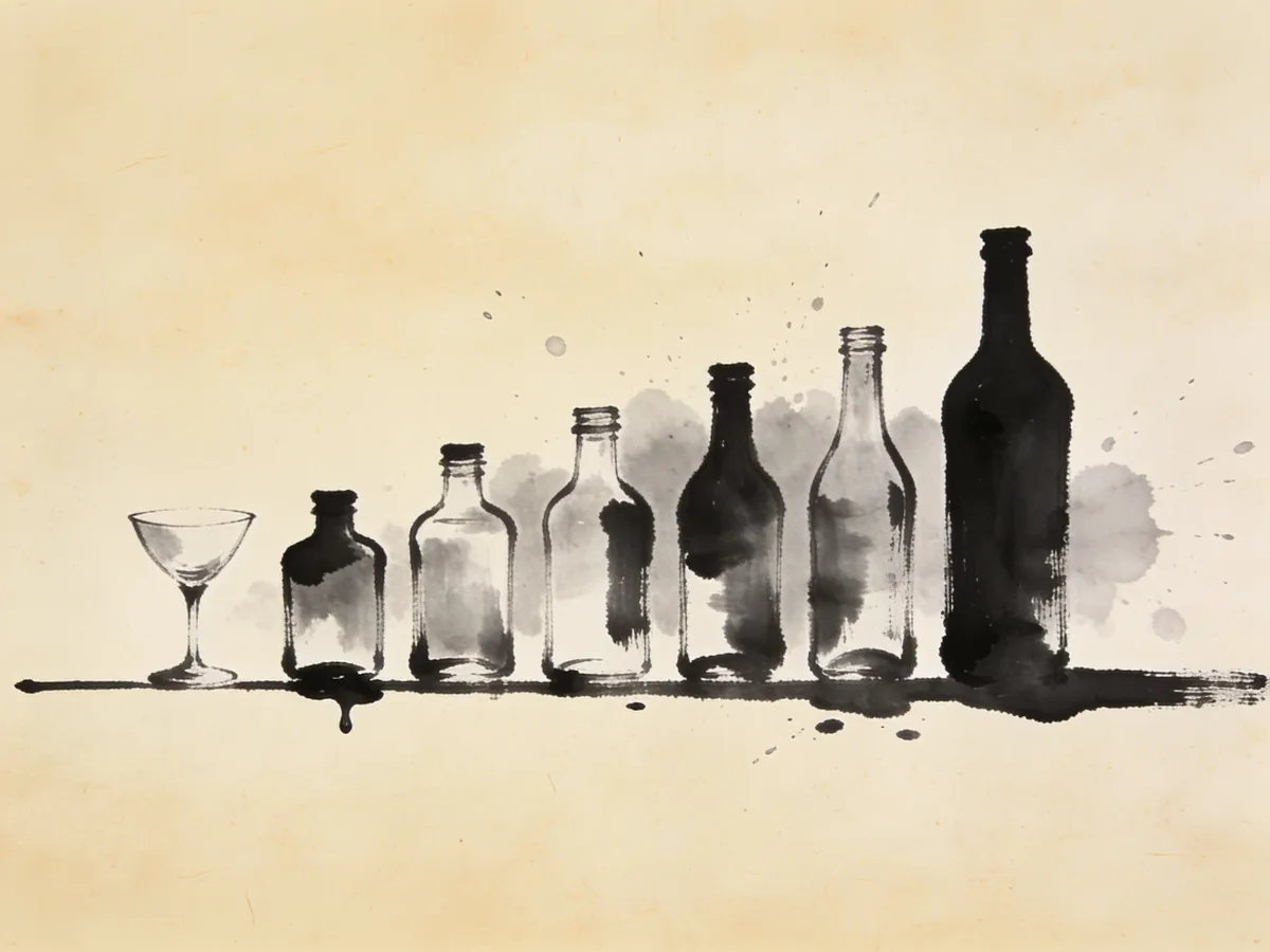 Ink illustration of bottles arranged like a bar chart