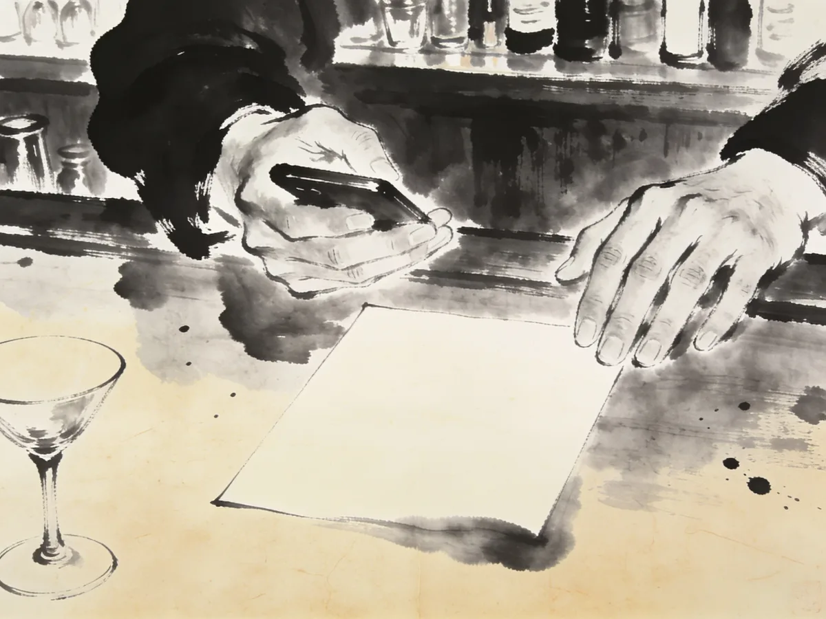 Ink illustration of hands with a phone and an invoice